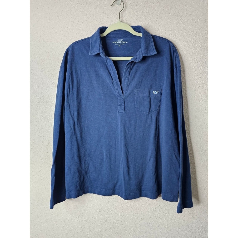 Vineyard Vines Womens XL Blue Slub Cotton Long Sleeve V-Neck Polo Shirt Pocket